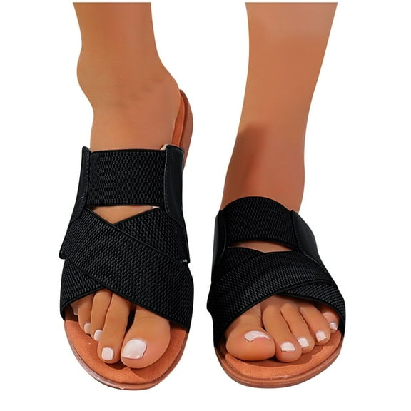 THDHVS Wide Sandals for Women,Sandals Women,Women's Fashion Casual Summer Solid Color Flat Open Toe Round Head Slippers Black 5.5