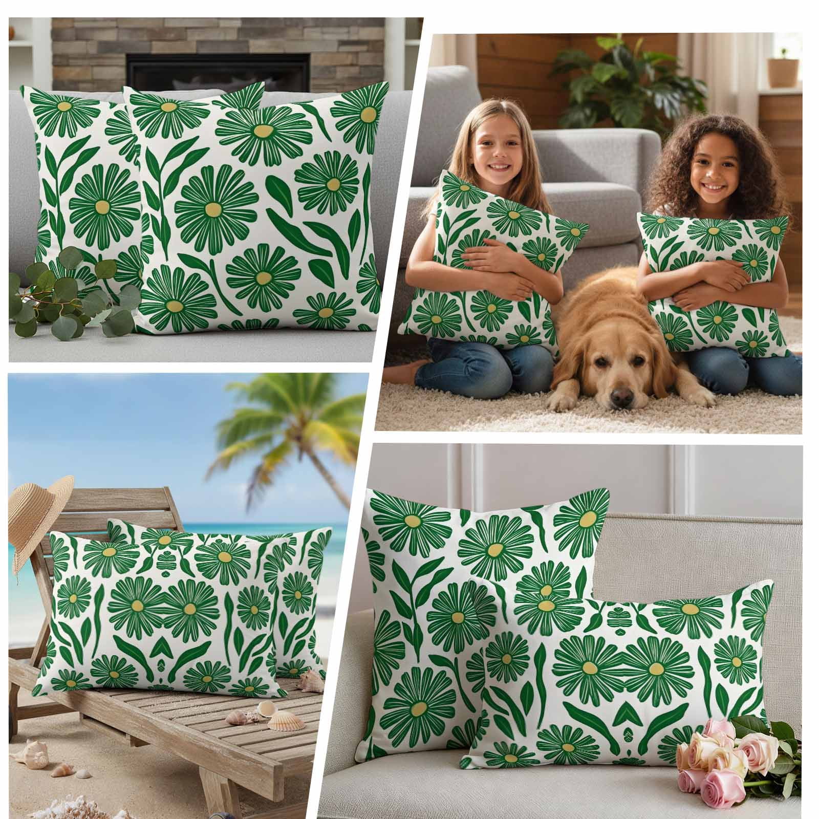 Spring Floral Pillow Covers 2 Pack Watercolo RVintage Green Flower Grenn Leaf Plan Pillowcase Waterproof Outdoor Throw Pillow Cover for Patio Garden Square Cushion 20”x20”