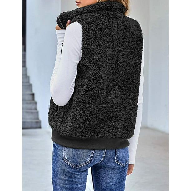 Women Casual Sherpa Fleece Vest Warm Fuzzy Zip Up Vest with Pockets(Black, Large) 
