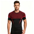 thumbnail image 4 of EANJE Men's Short Sleeve Compression Shirt, Moisture Wicking Athletic Workout T‑Shirt Color Block Performance Sports Top for Gym Running Training Red M, 4 of 6