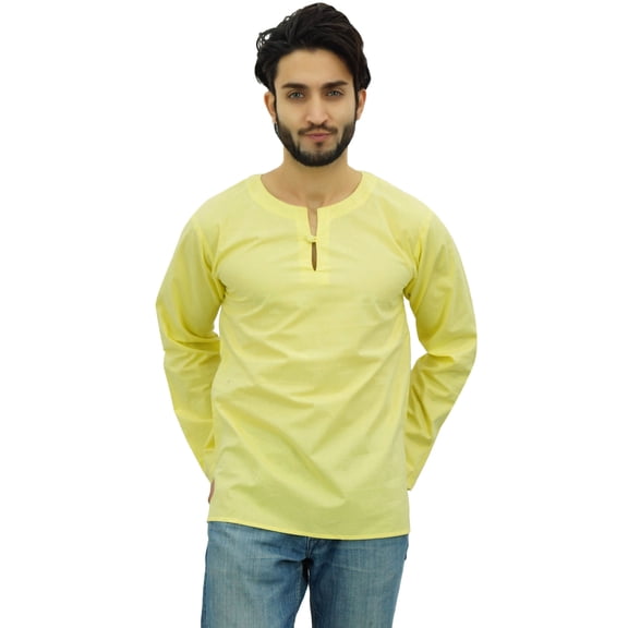 Atasi Men's Yellow Short Kurta Round Keyhole Neck Cotton Tunic Shirt-X-Large