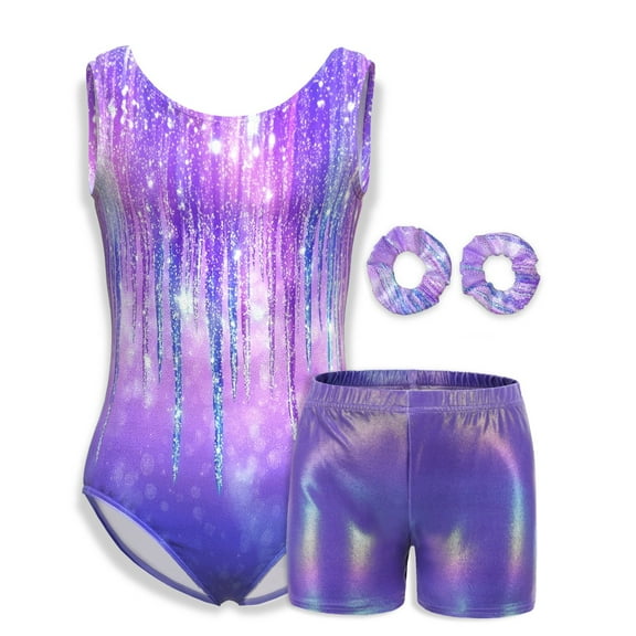Girls Gymnastics Leotard Sparkle Gradient Activewear Dance Unitard For Athletic Tumbling Outfits With Short