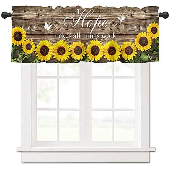 Sunflower Valances Curtain Sunflower Kitchen Windows Valances Rod Pocket Faith Things Wooden Vintage Farmhouse Window Treatment Topper Curtains for Kitchen Bathroom Living Room
