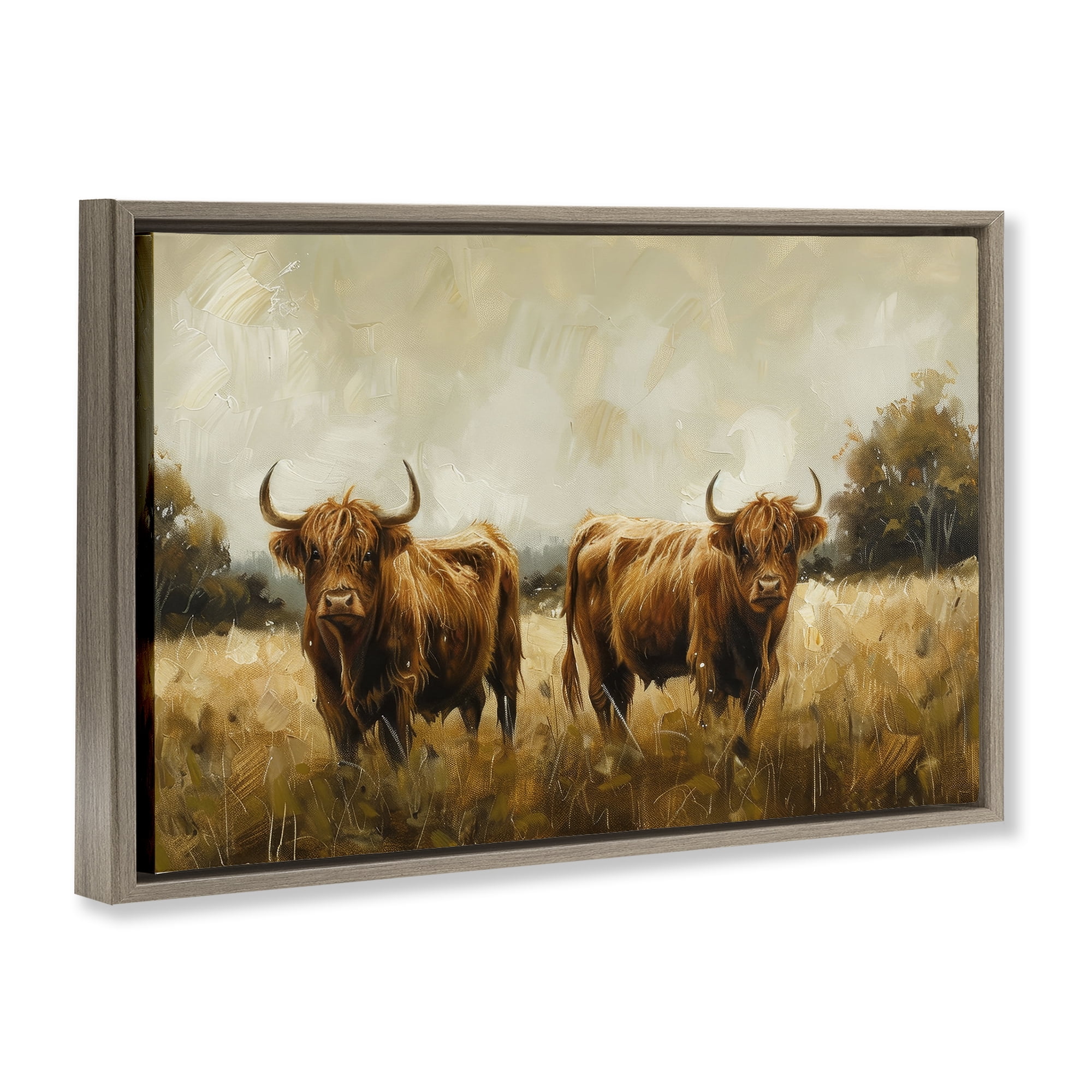 Stupell Industries Couple of Cows Animals & Insects Painting Brown Floater Framed Canvas Art Print Wall Art, 31 x 21