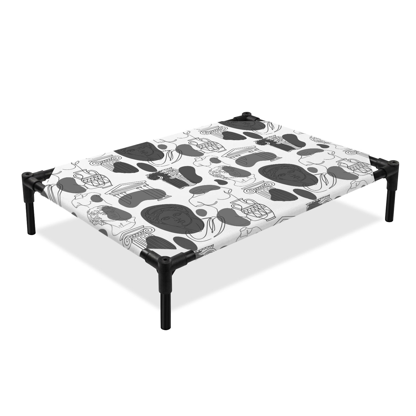 Modern Abstract Elevated Dog Bed Grey Classical Ancient Greek Sculptural Heads Cooling Breathable Outdoor Raised Dog Cot Bed with Metal Frame Non-Slip Feet for Large Dog 28x22in