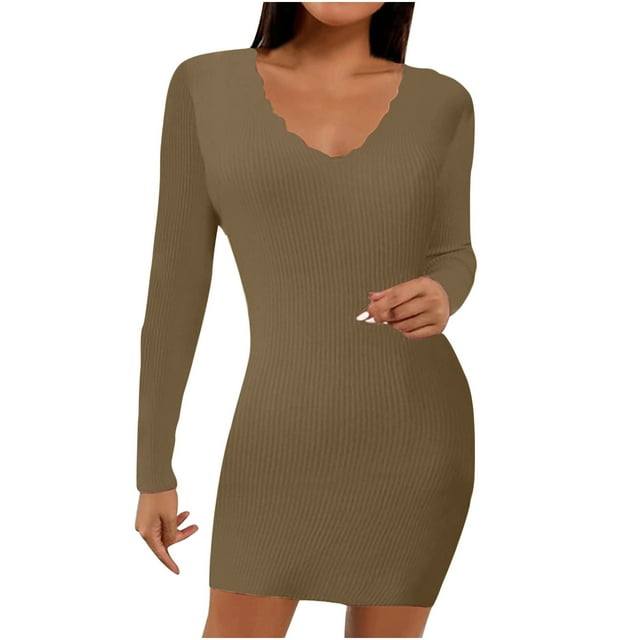 Vestido cruzado con cuello en V de color sólido informal de manga larga para mujer Pompotops hdfakjf8156