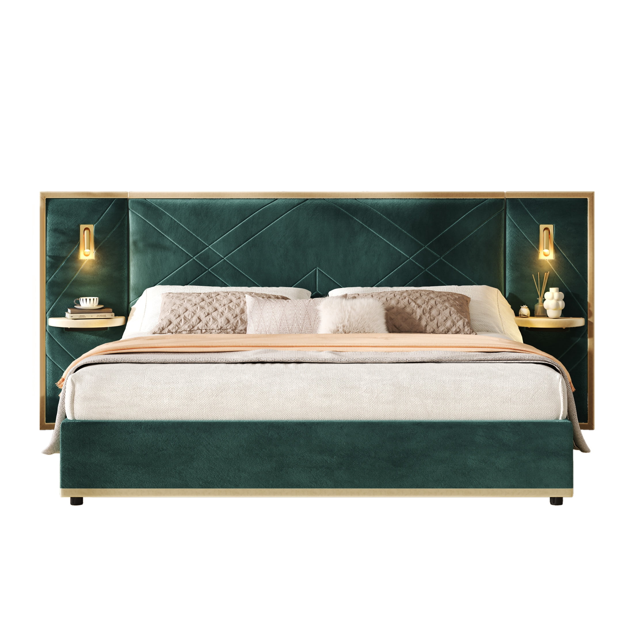 Christopher Knight Home Luxury Velvet Upholstered Queen Bed with Headboard, LED Lights, Storage Side Panels, Green