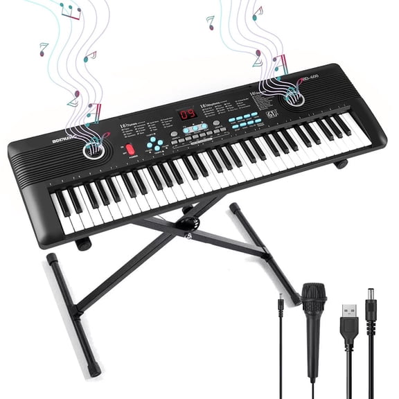 TIANLAIMEI 61 Keys Electric Digital Piano 100 Tones Eectric Keyboard Built-in Microphone with Stand for Beginners Kids Musical Instruments Gifts, Black