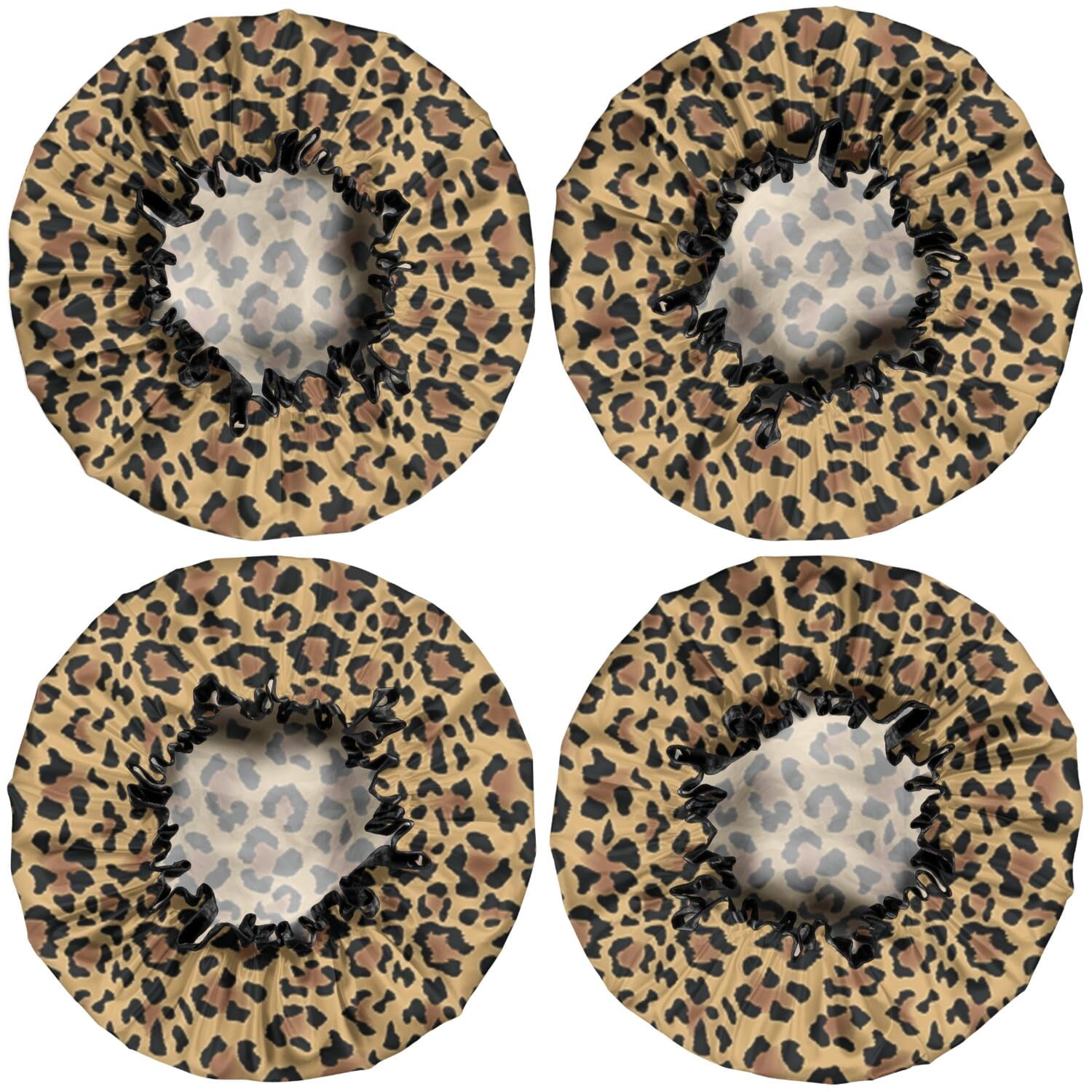 Shower Caps,Brown and Black Leopard Print Waterproof Shower Cap for Women 4 Pieces,Double Reusable Hair Cover for Shower PEVA Elastic Stretch Hem