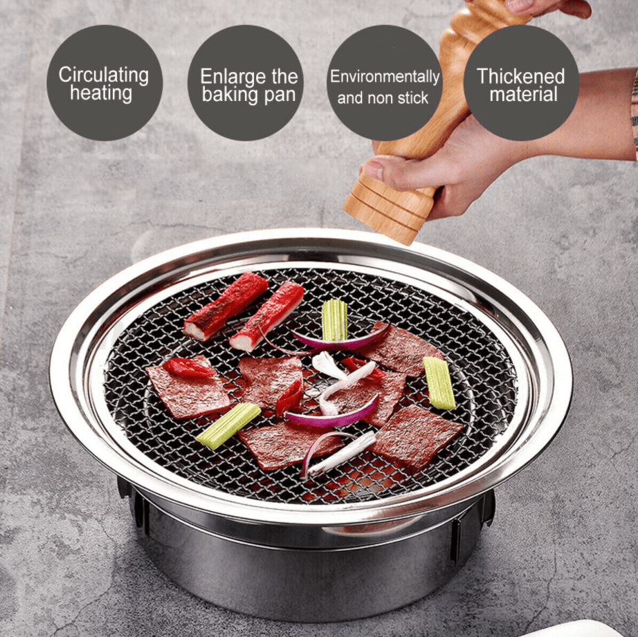 12" Round Korean BBQ Grill Plate Iron Fry Barbecue Non-stick Pan Set w/ Holder 