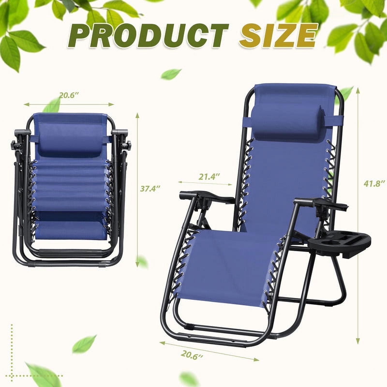 Devoko Adjustable Zero Gravity Chair with Pillow and Cup Holder - Set of 2 Blue