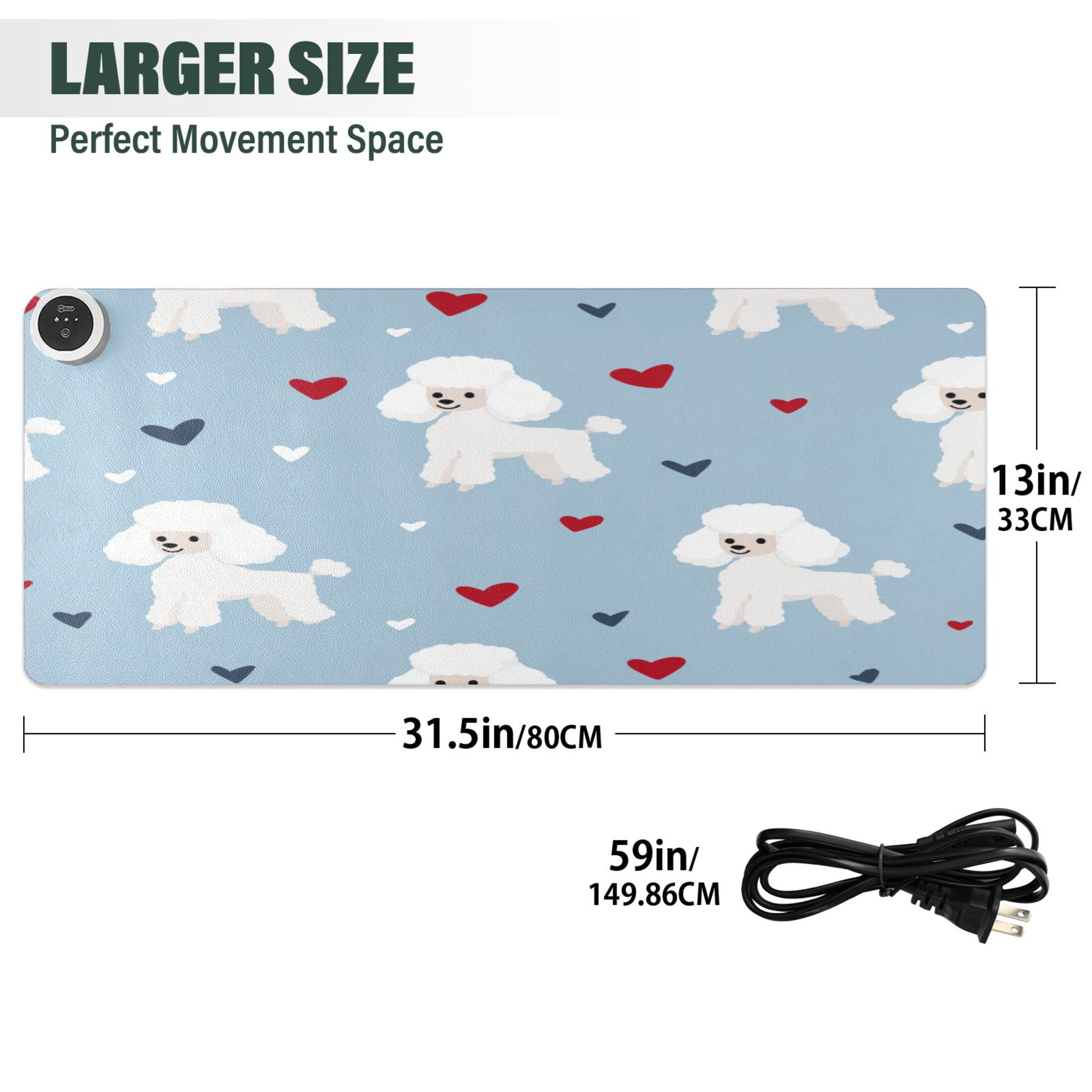 Large Heated Desk Mat Mouse Pad 31.5"x13"PU Leather Graphene Heating Desk Warmer with 3 Temperature Settings 110V US Plug Non-Slip Warm Pad for Home, Office, and Gaming Cute Sweet Poodle Hearts