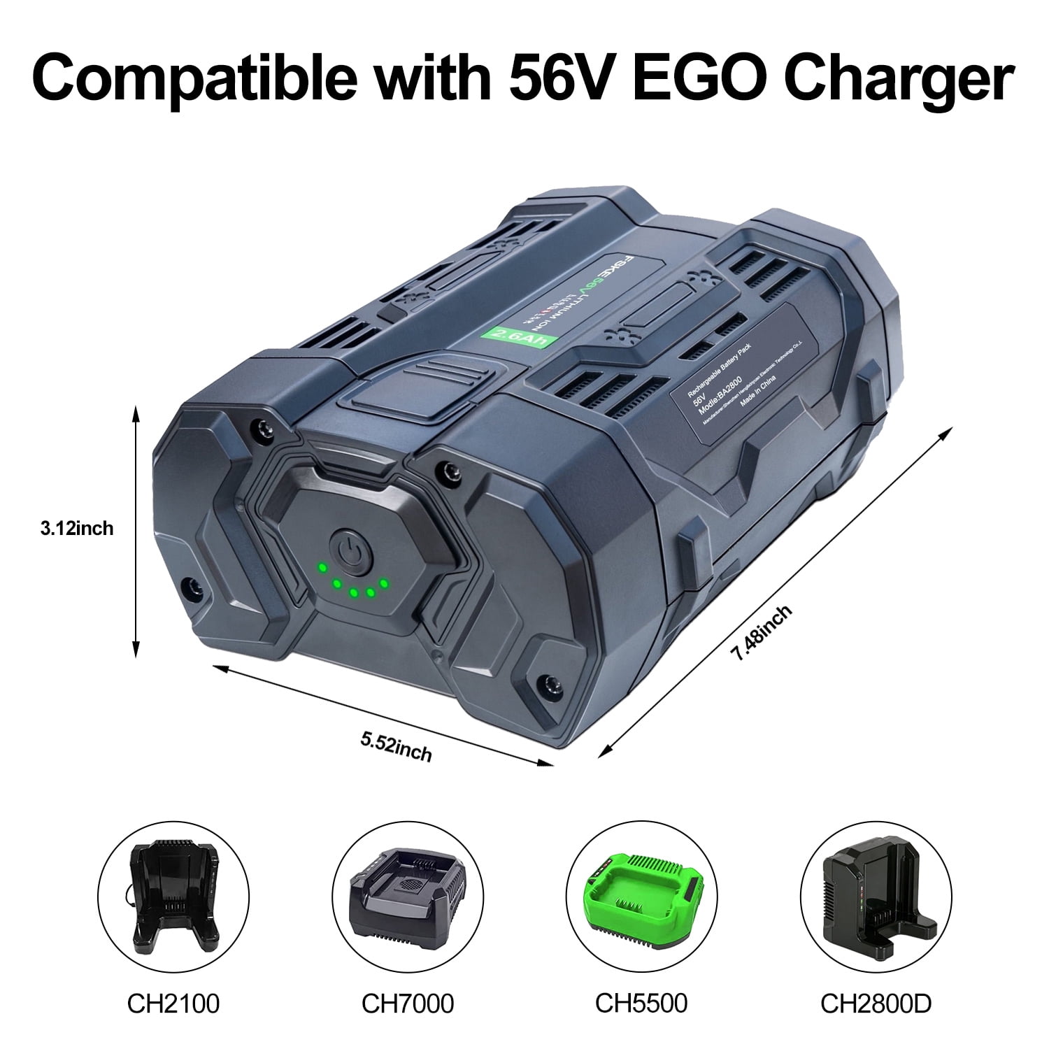 FSKE 2.6Ah Battery Replacement for EGO 56V Battery BA2800 BA4200 Compatible with All Power 56V EGO Power+ Tools