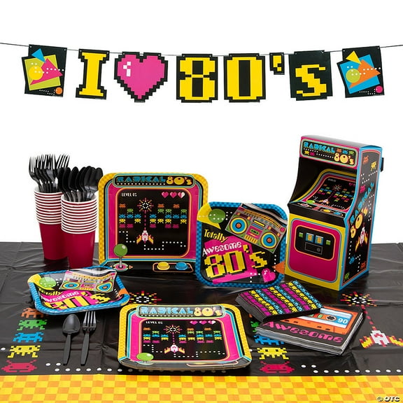 91 Pieces 80s Party Tableware Kit for 8 Guests