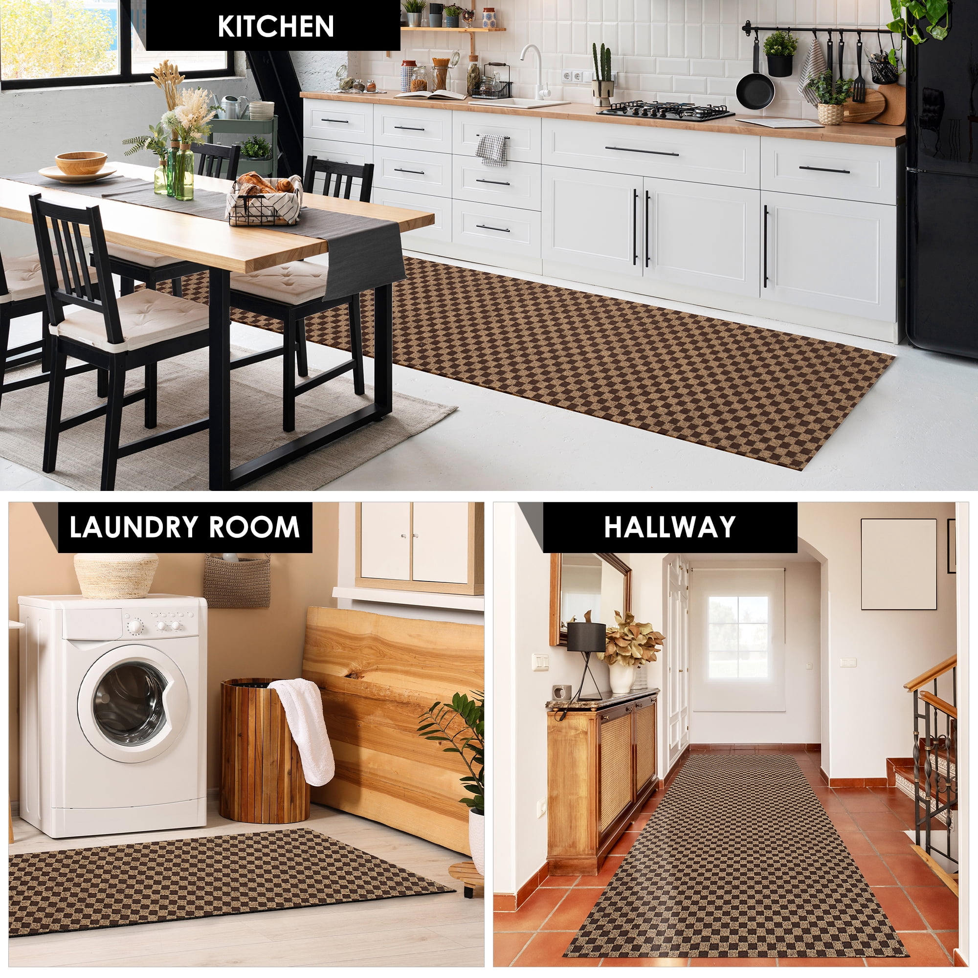 Koloko Outdoor Runner Rug Indoor Non-Slip Area Rugs Custom Size Carpet Runners with Rubber Backing Mat for Hallway Kitchen Entryway Garage Laundry Check Brown, 2ft x 17ft