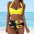 thumbnail image 2 of FVWITLYH Bikini Set for Women Swimsuits for Women Two Piece Retro Halter Ruched High Waist Print Bikini Swimsuits Bikini Sets Yellow,M, 2 of 5