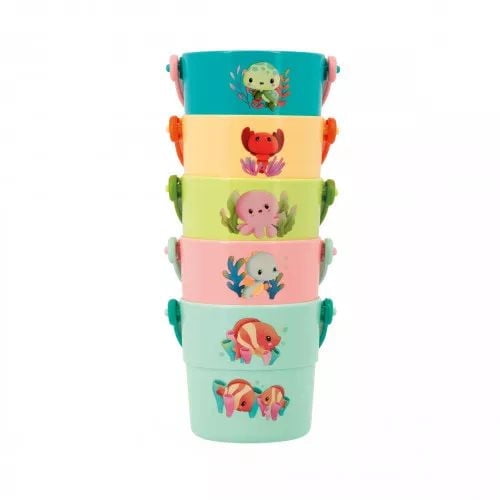 Janod - Animals 5 Game Buckets for the Bathtub - Bath Toy Educational Game for Baby Bucket with Baby Sea Animals - from 10 Months
