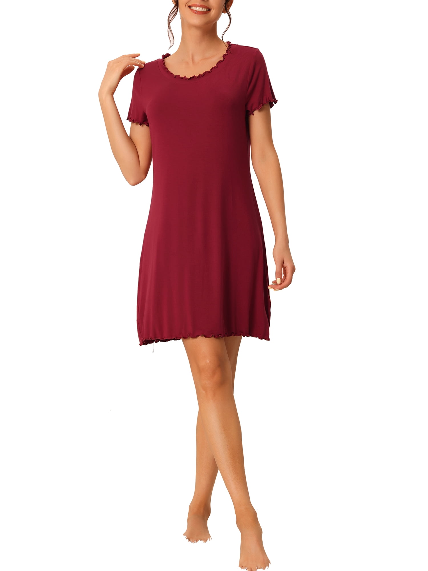 Unique Bargains Womens Sleepshirt Short Sleeve Ruffle Nightgown Loungewear Nightshirts XS Red
