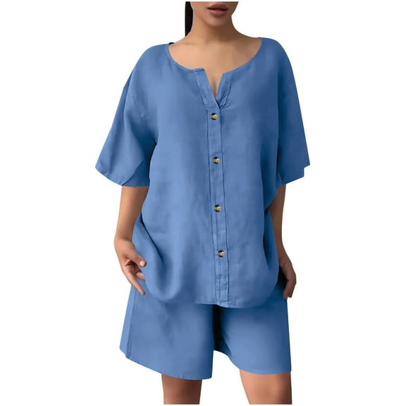 CheerKidz Womens Solid V Neck Button Down 3/4 Sleeve Top with Shorts Set Casual Comfortable Two Piece Outfit for Summer and Vacation