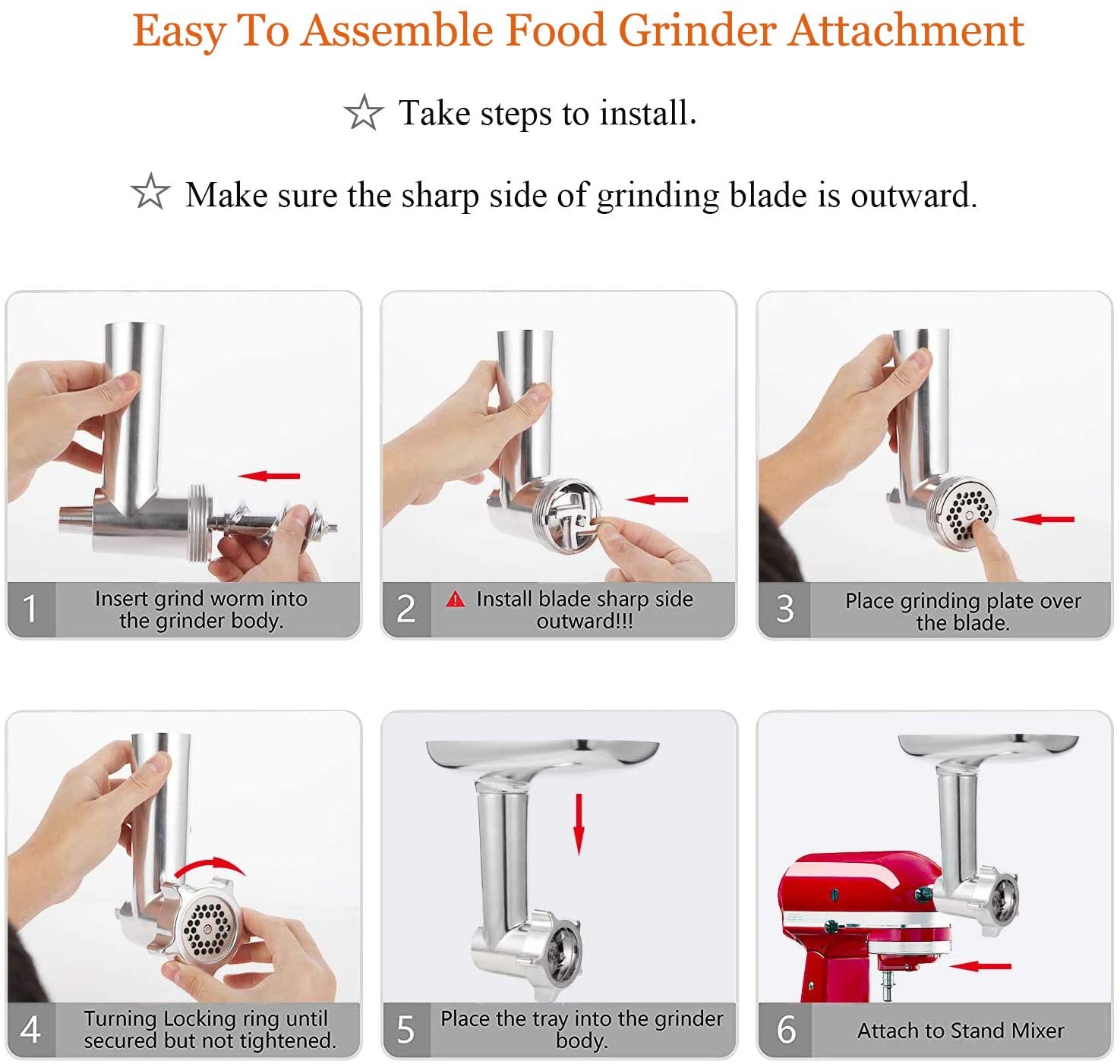 Meat Grinder Attachment for KitchenAid Stand Mixers, Accessories Included 2 Sausage Stuffer Tubes, Durable Metal Food Grinder Attachments by Kitchood, Silver - image 3 of 7