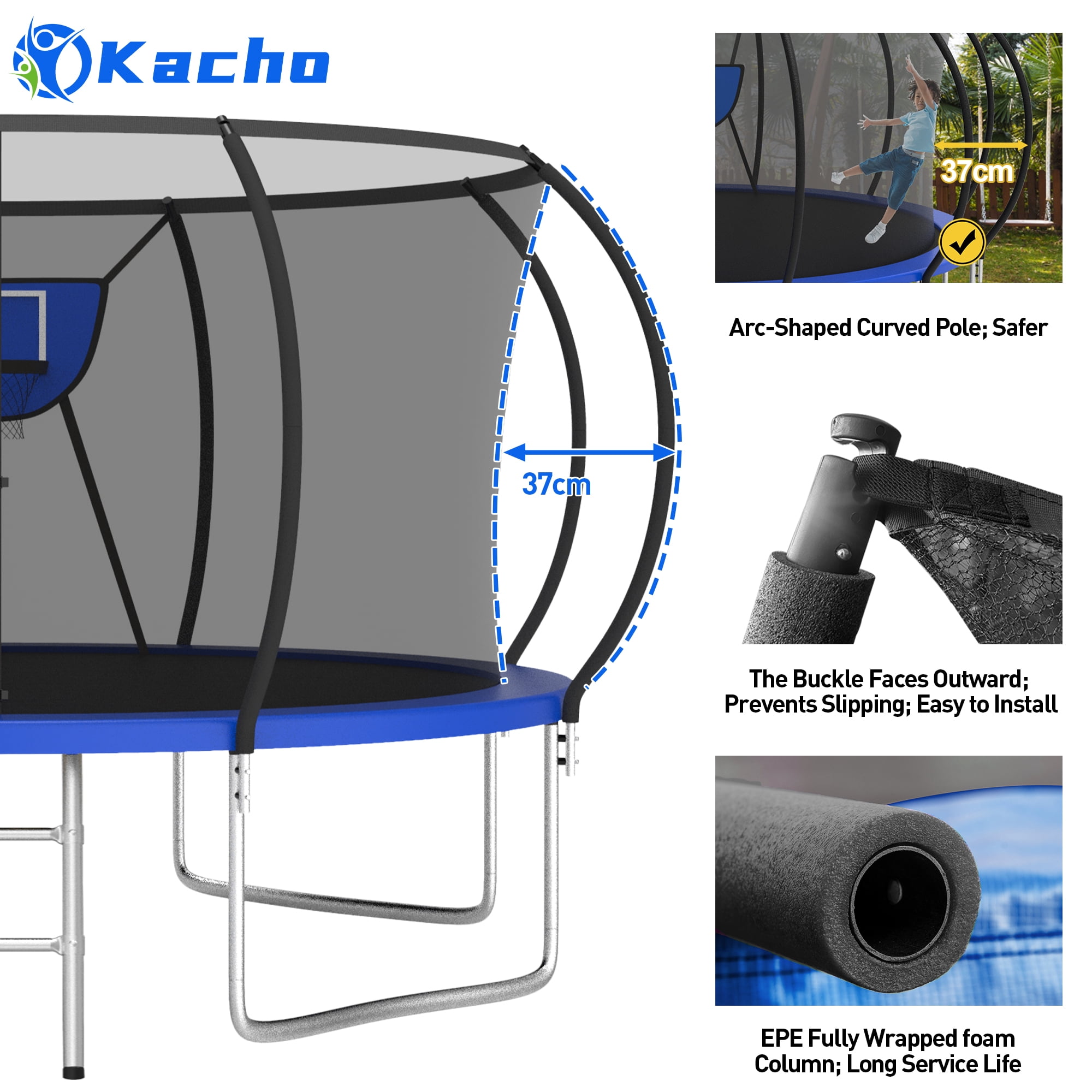 Kacho Trampoline for Kids and Adults, 12FT 1200LBS Trampoline with Enclosure Net, Basketball Hoop, Ladder, 2 Ball, Heavy Duty Trampoline No Gap Design, Backyard Outdoor Recreational 12FT Trampoline