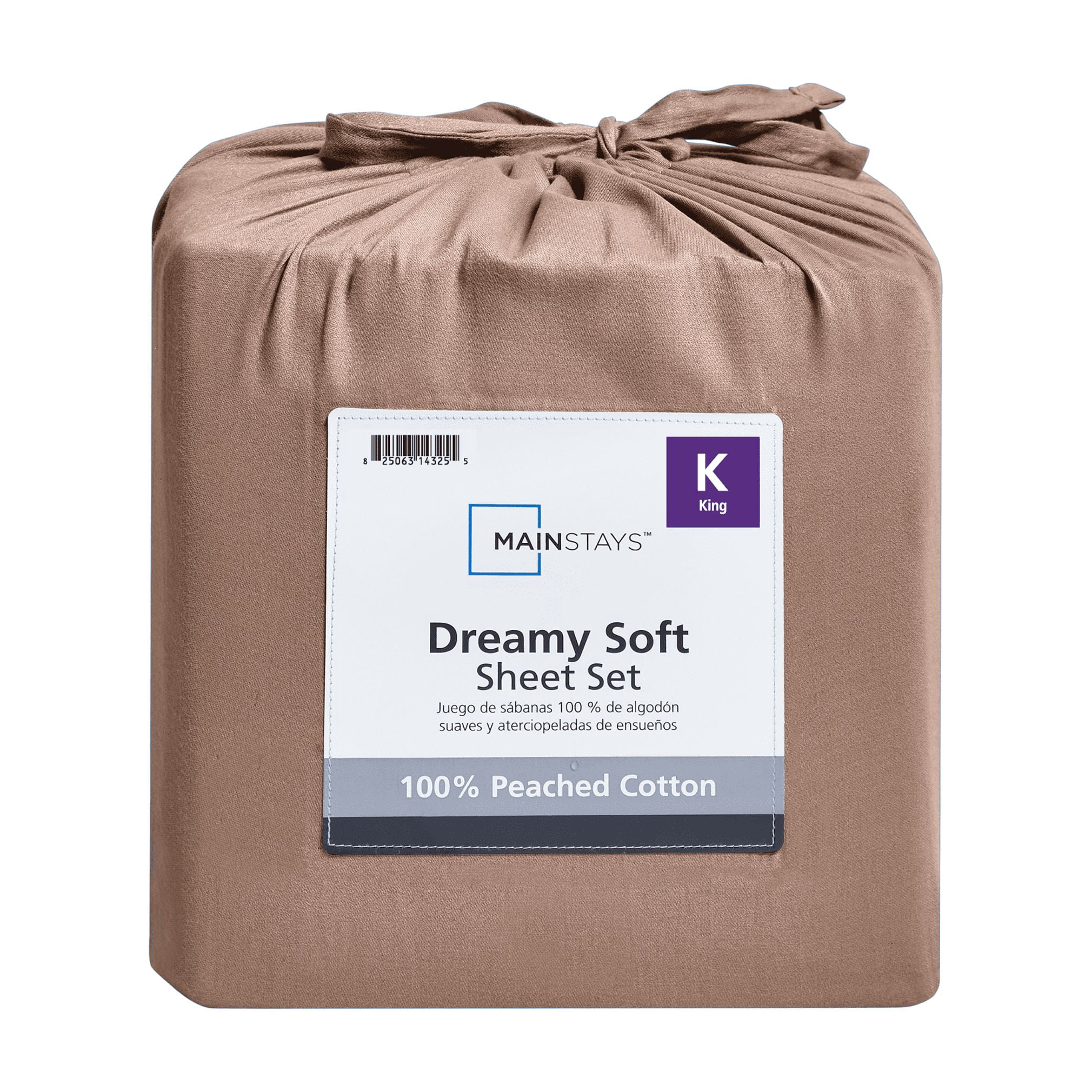 Mainstays 100% Cotton Dreamy Soft 4-Piece Bed Sheet Set, 220 Thread Count Brushed and Washed Sateen, Deep Pocket, King, Teddy Bear Brown
