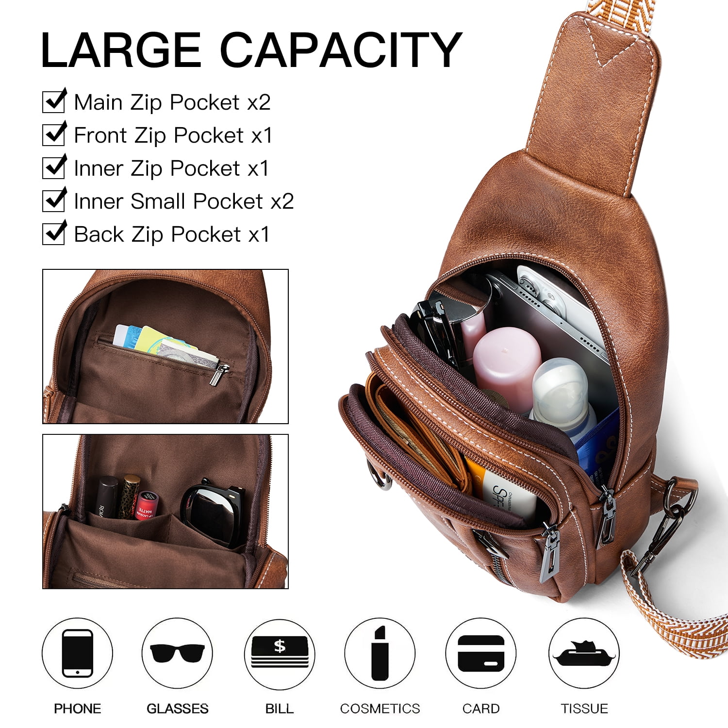 LATMAP  Crossbody Sling Bag for Women & Men, Leather Anti-Theft Hiking Fanny Pack，Brown