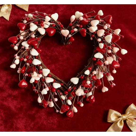 Valentines Day Wreaths for Front Door 16.5 Inch Valentines Wreath Artificial Valentine's Day Wreath with Red Berries and Hearts for Valentine's Wedding Anniversary
