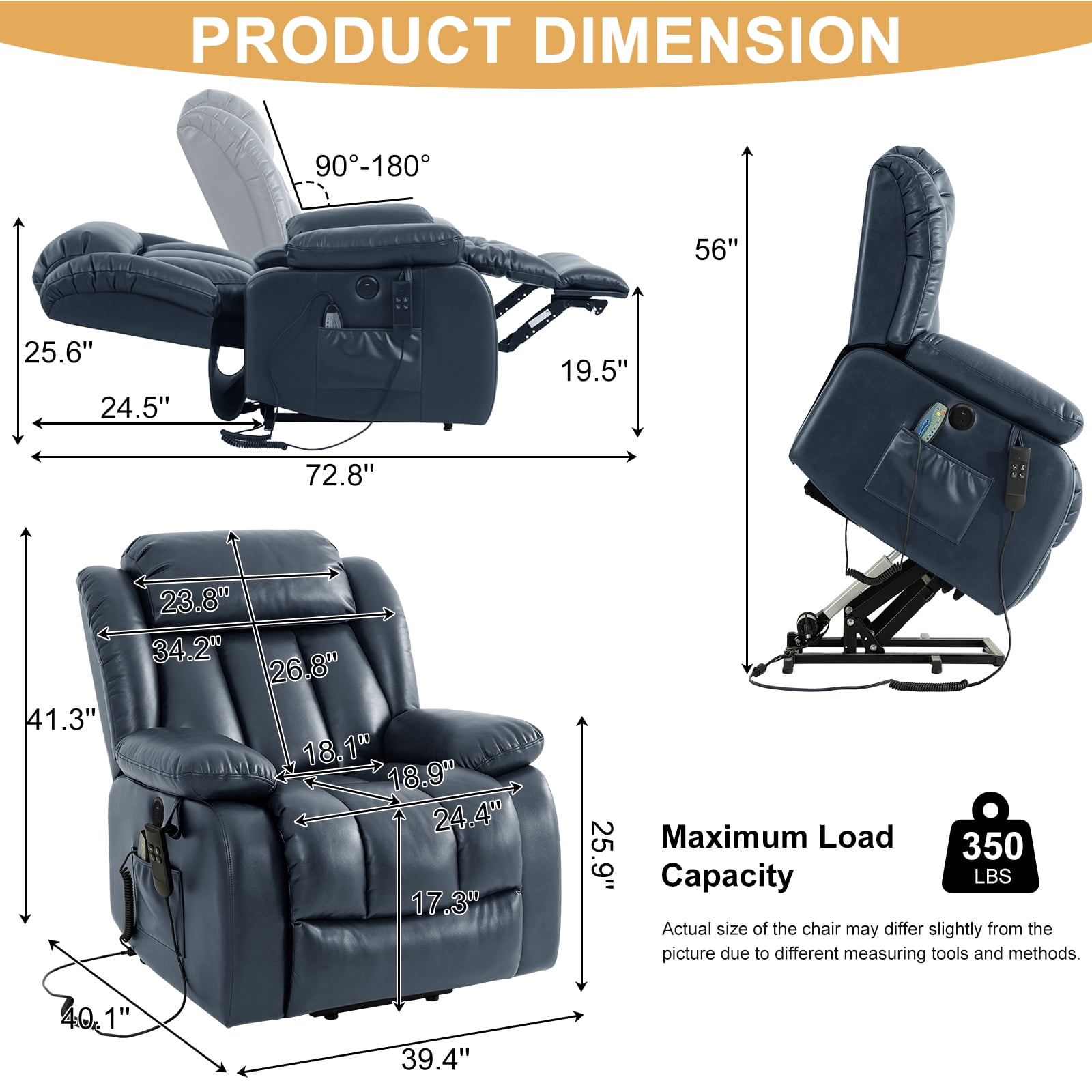 INGALIK Power Lift Recliner Chair Dual Motor, Infinite Position Lay Flat Recliners for Adult & Elderly with Heat & Massage, Large, Type-C Charge, Lumbar Pillow for Living Room, Leather (Blue)