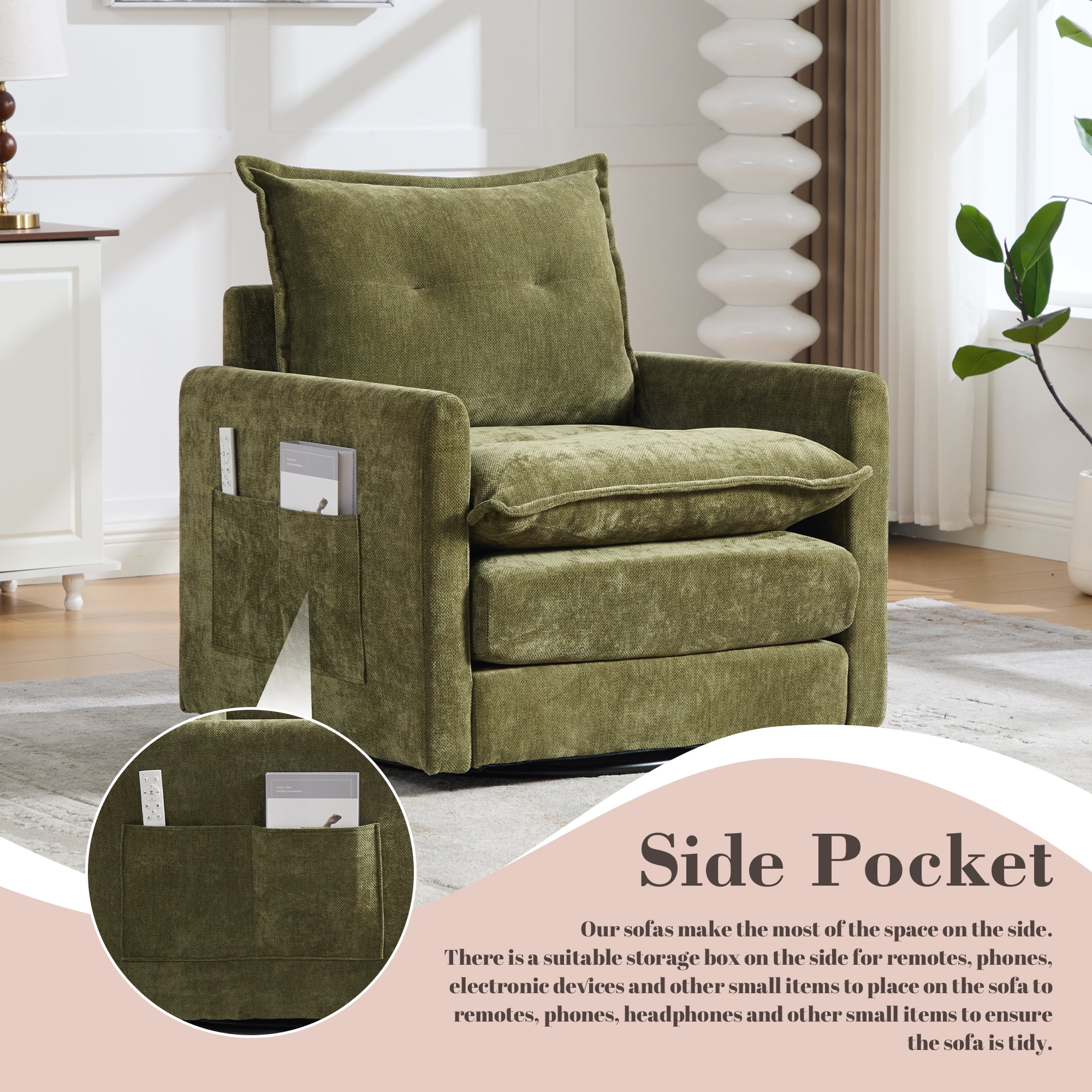 Leumius Swivel Accent Chair,Mid Century Modern Chenille Armchair with Thick Padded and Metal Base,Swivel Single Sofa Chair Barrel Reading Chair for Living Room Bedroom,Olive