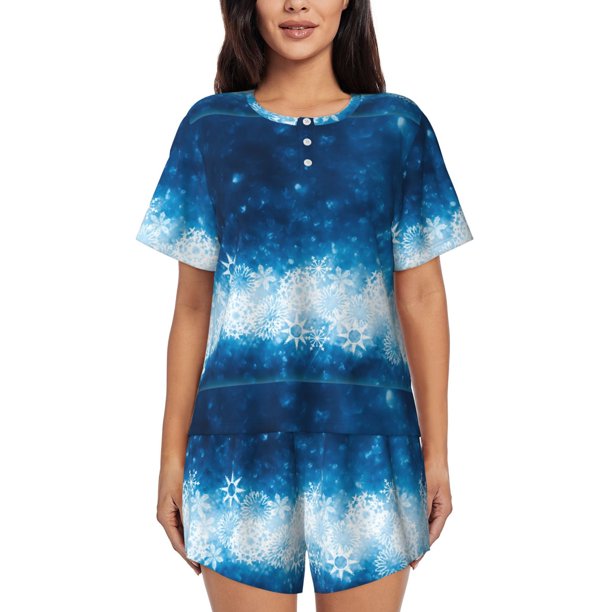 Balery Blue Glitter Sparkles Conjunto de Pijama para Mujer con Estampado, Dos Piezas de Manga Corta y Shorts, Ropa de Dormir Suave con Cuello Redondo y Bolsillos-Large
