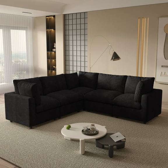 Magic Home 100.5" Modular Sectional Sofa, Modern Chenille L Shaped Cloud Couches Black Couch for Living Room, Apartment, Office, 5-Seat, Black