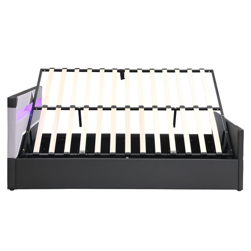 Queen Size Cyberpunk Style Low Profile Bed with LED Lighting Headboard, Hydraulic Storage Platform Bed Frame for Kids/Teens/Adults