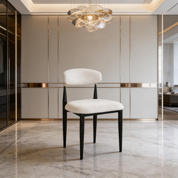 Set of 2 Beige Chenille Dining Chairs with Lumbar Support Curved Backrest, Armless Design with Black Metal Legs for Compact Kitchen or Dining Room