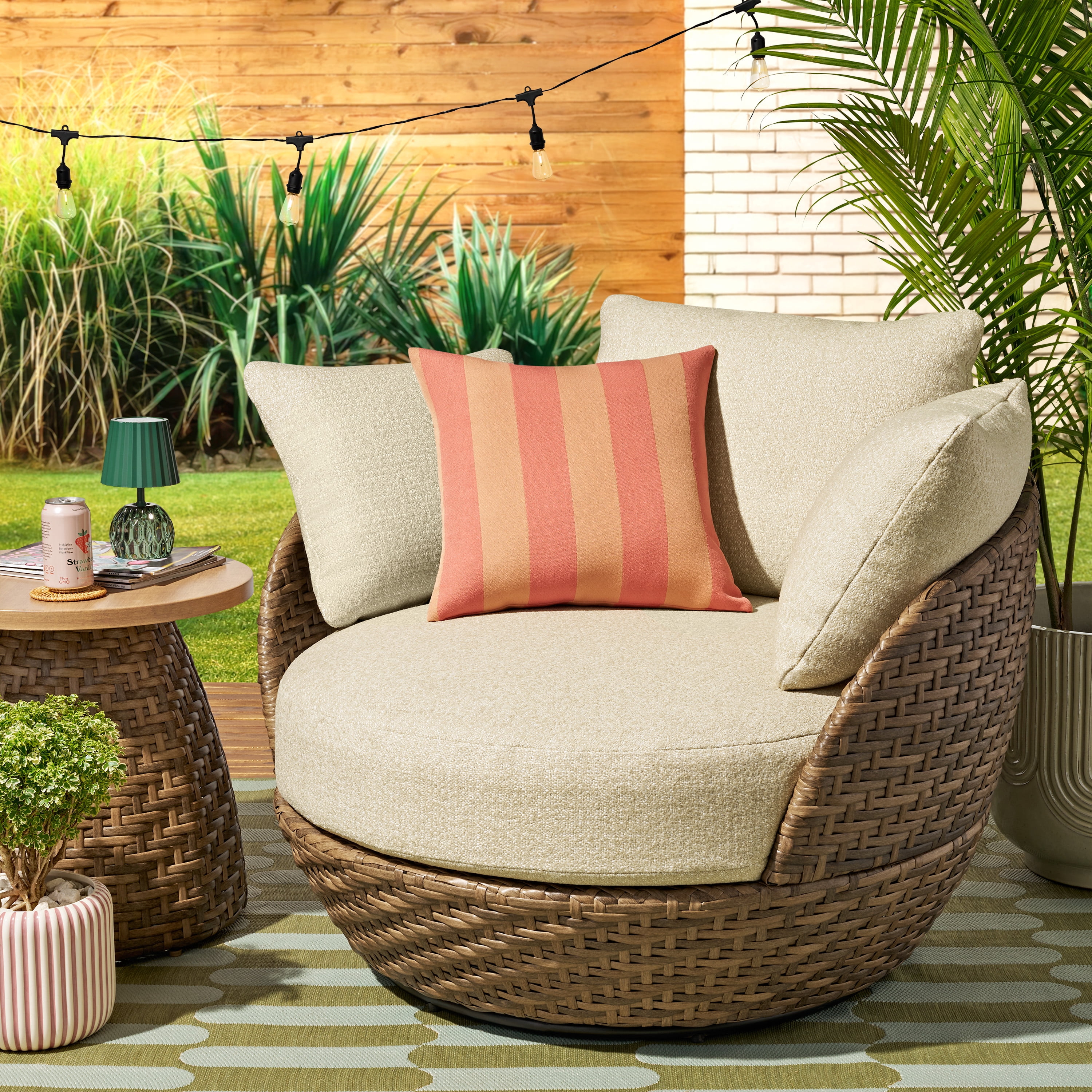 Beautiful 18" x 18" Decorative Outdoor Pillow by Drew Barrymore, Coral Stripe