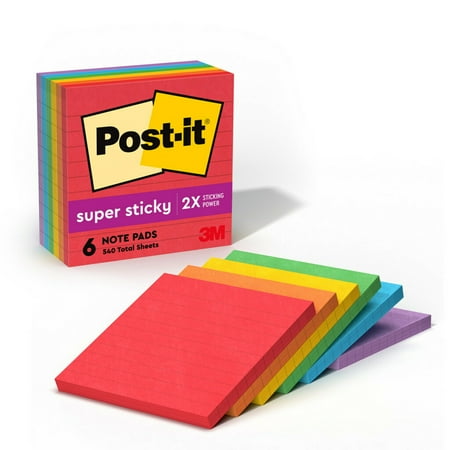 Post-it Super Sticky Notes  4 in x 4 in  Playful Primaries  Lined  6 pads