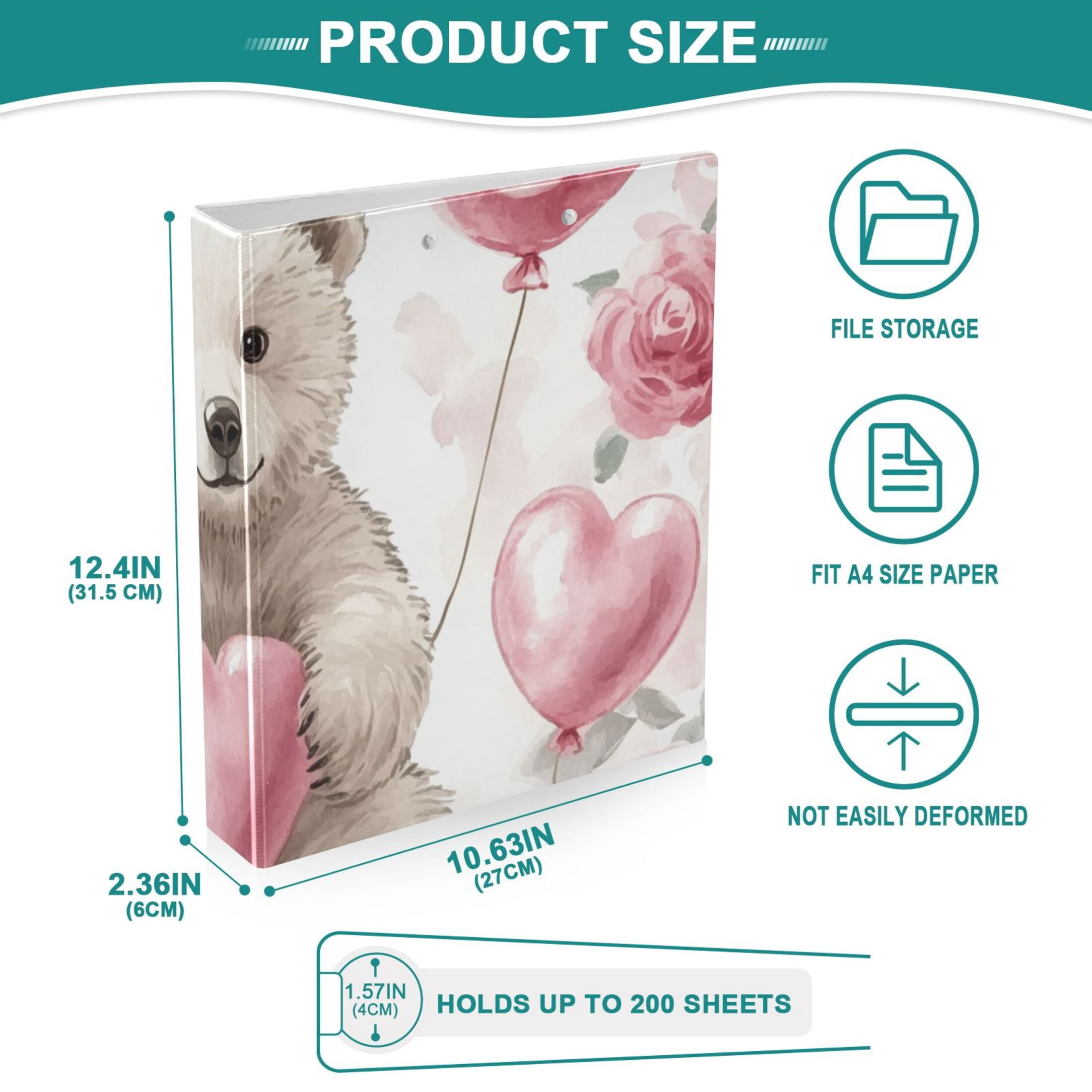 White Bear Floral 3 Ring Binders 1.5 inch Hardcover File Folders with Interior Pockets A4 Size Organizer for School Office Hospital