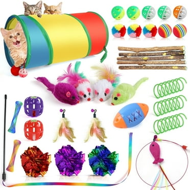 Petyida 35 Pcs Catnip Toy for Cats, Cat Chew Toy, Interactive Cat Ball Toy, kitten Teaser, with Rainbow Tunnel Mice Feather Toy