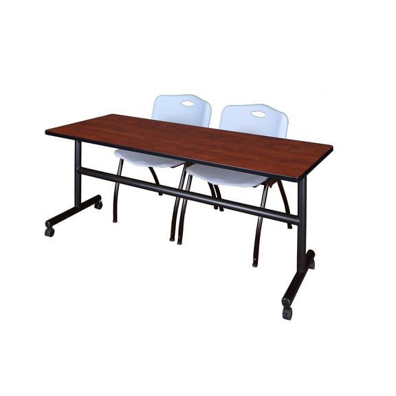 Regency Kobe 72 x 30 in. Flip-Top Training Nesting Table- Cherry, 2 M Stack Chairs- Grey