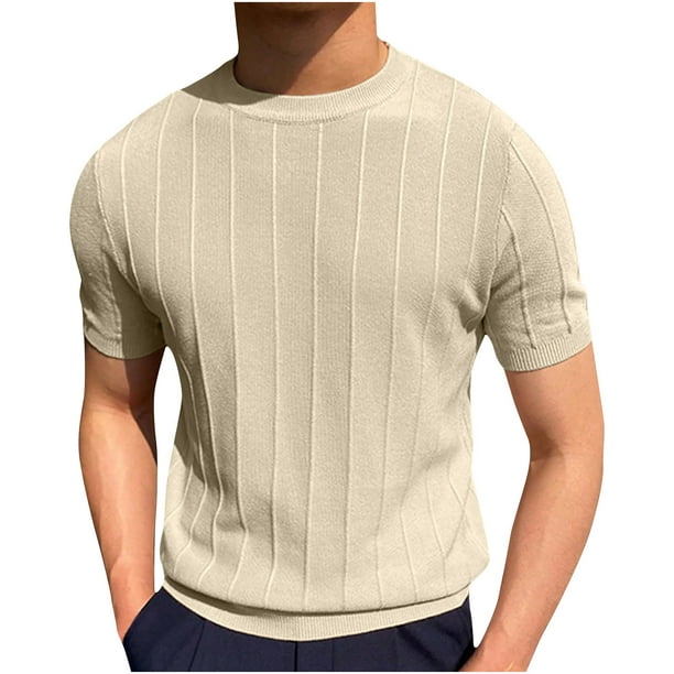 Camisetas Elvqul para Caballero Beige Casuales de Color Sólido Manga Corta Cuello Redondo