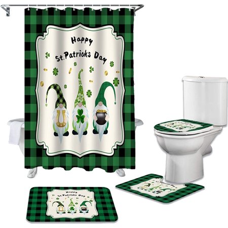ZHANZZK GnomeShamrock Leaves 4 Piece Bathroom Set Shower Curtain Bath Rug Contour Mat and Toilet Lid Cover
