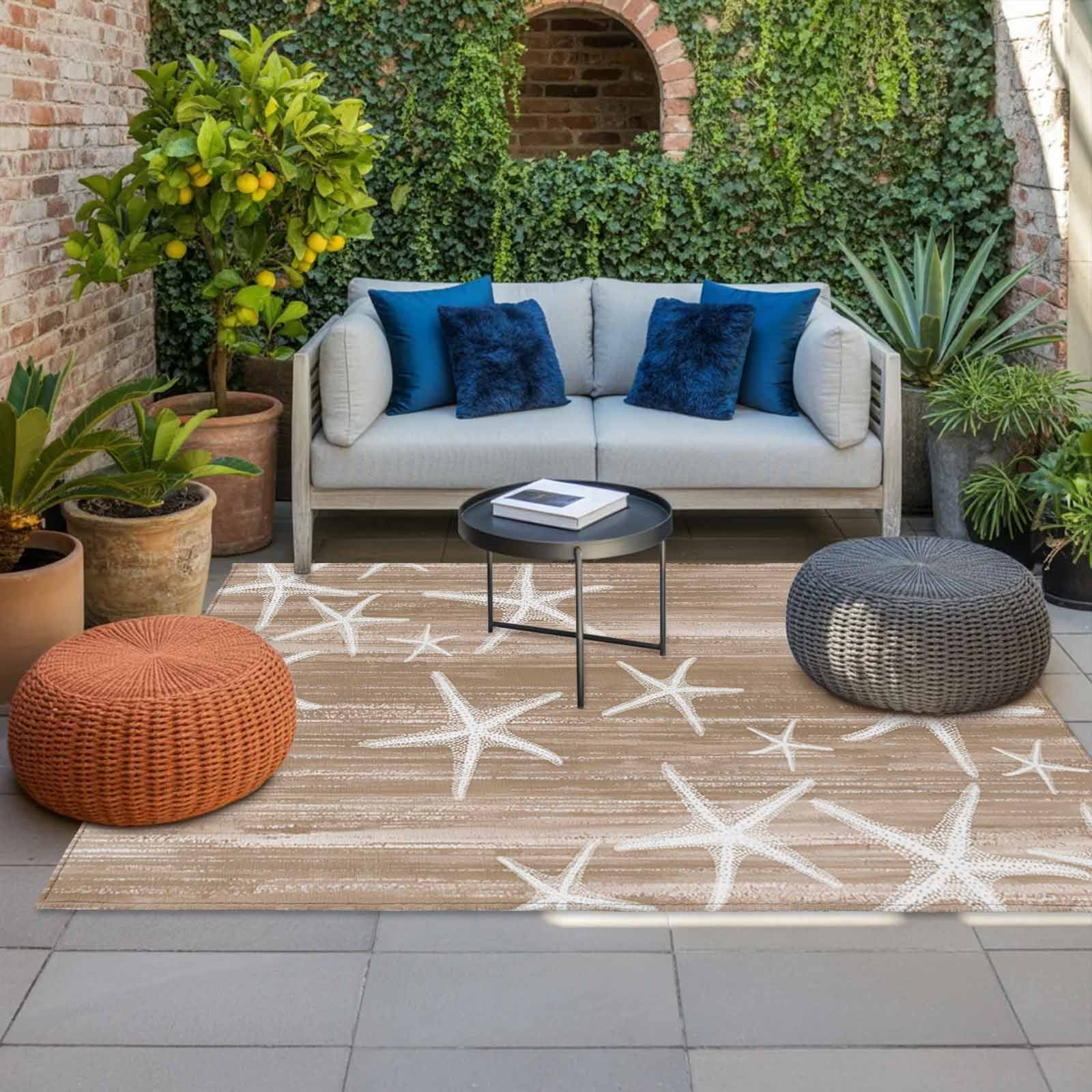 Brown Coastal Outdoor Rug for Patio/Deck/Porch, Non-Slip Large Area Rug 4 x 6 Ft, Summer Ocean Waves Ombre Sea Starfish Indoor Outdoor Rugs Washable Area Rugs, Reversible Camping Rug Carpet Runner