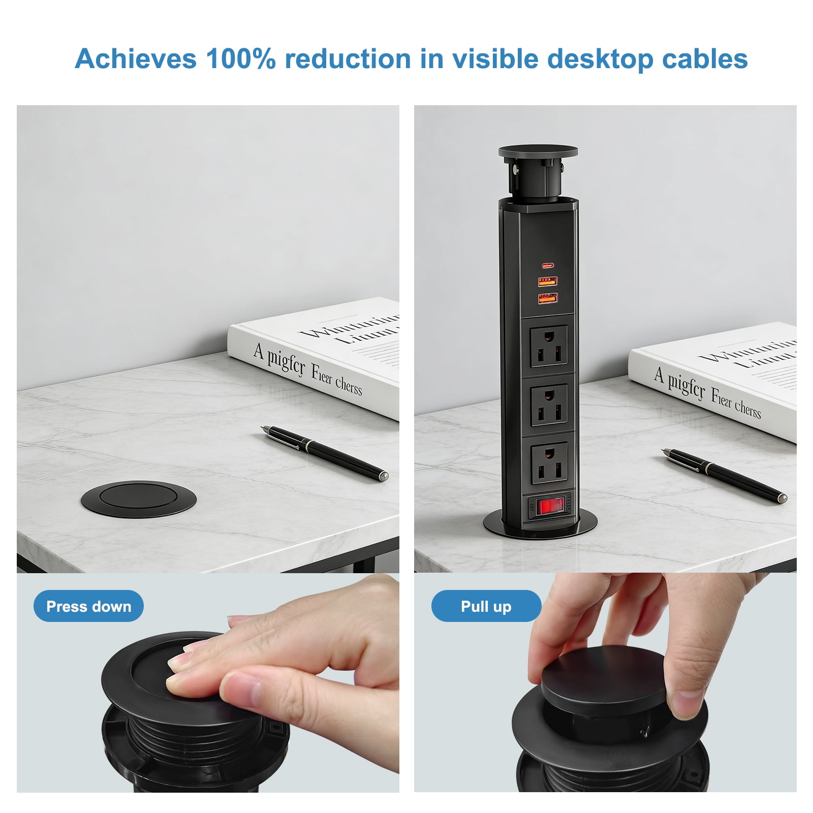 ZHANGONG Manual Pop Up Recessed Outlet for Desk Countertop, 3 AC & 3 USB (30W USB-C), Flush Mount Power Strip, Hide-Away, 5FT Cord for Office