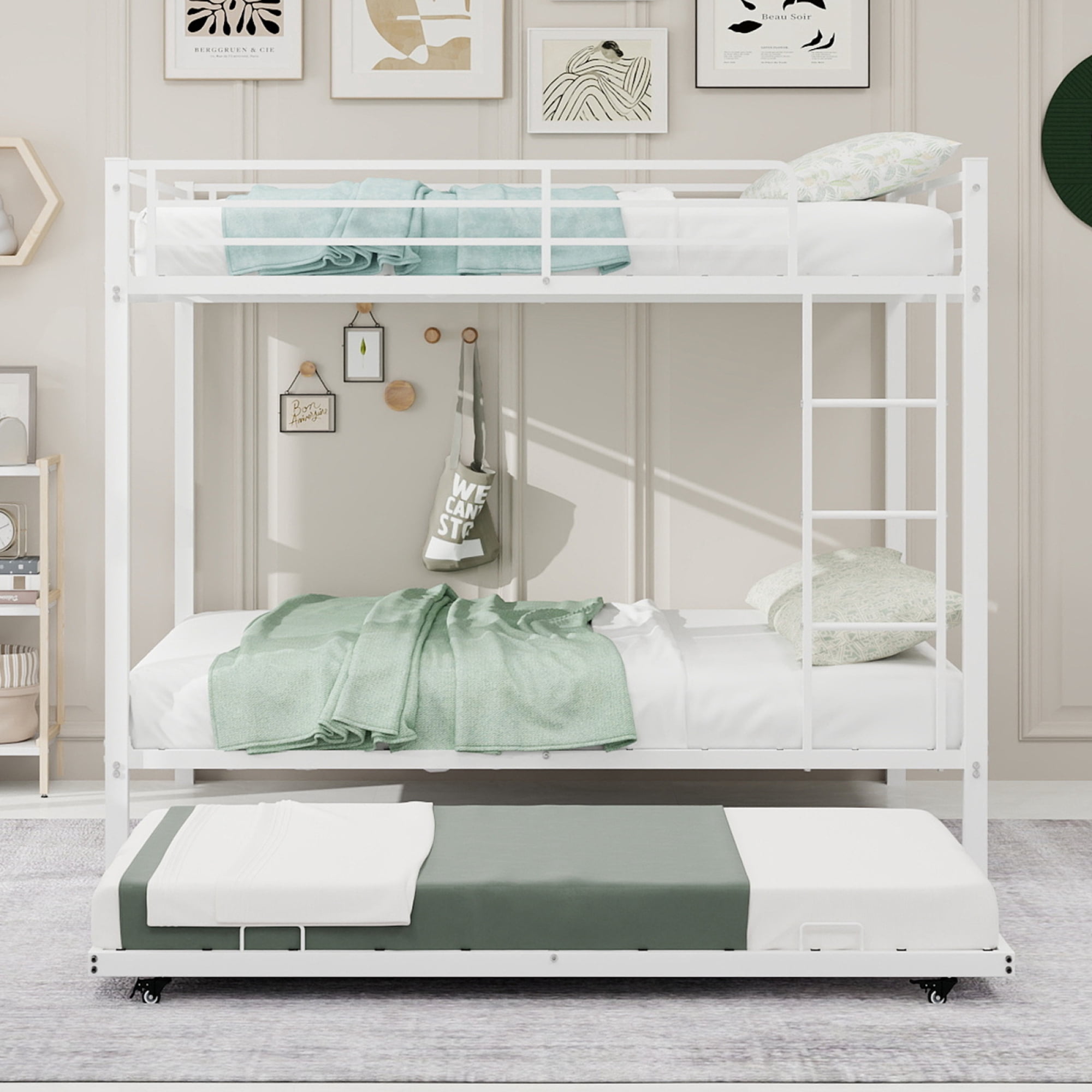 Full over Full Size Bunk Bed with Trundle, Heavy-Duty Metal Bunk Bedframe with Ladder and Full-Length Guardrails for Kids Teens Adults, No Box Spring Needed