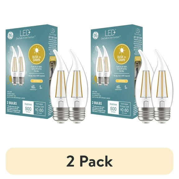 (2 pack) GE LED+ Dusk to Dawn LED Light Bulbs, 60 Watt, Soft White, Candle Bulbs, Medium Base, 2pk