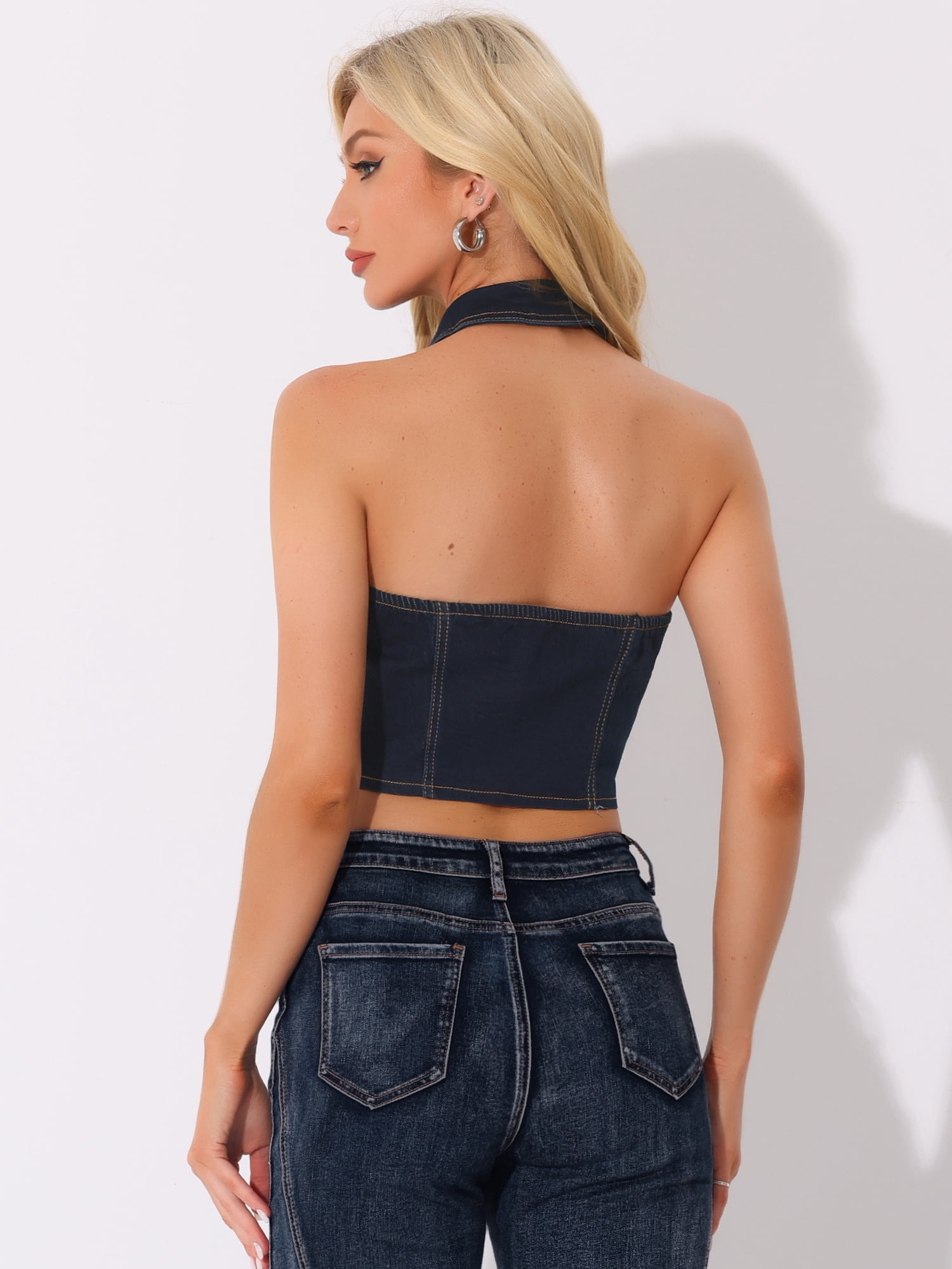 DARING DIVA Women's Halter Denim Top Zipper Up Collared Sleeveless Corset XL Black Blue