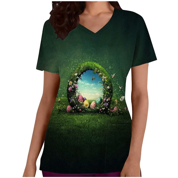 qucoqpe Easter Scrub Tops for Women Summer Fashion Casual Bunny Eggs Print V Neck Short Sleeve Workwear Uniform T-Shirts Graphic Tee
