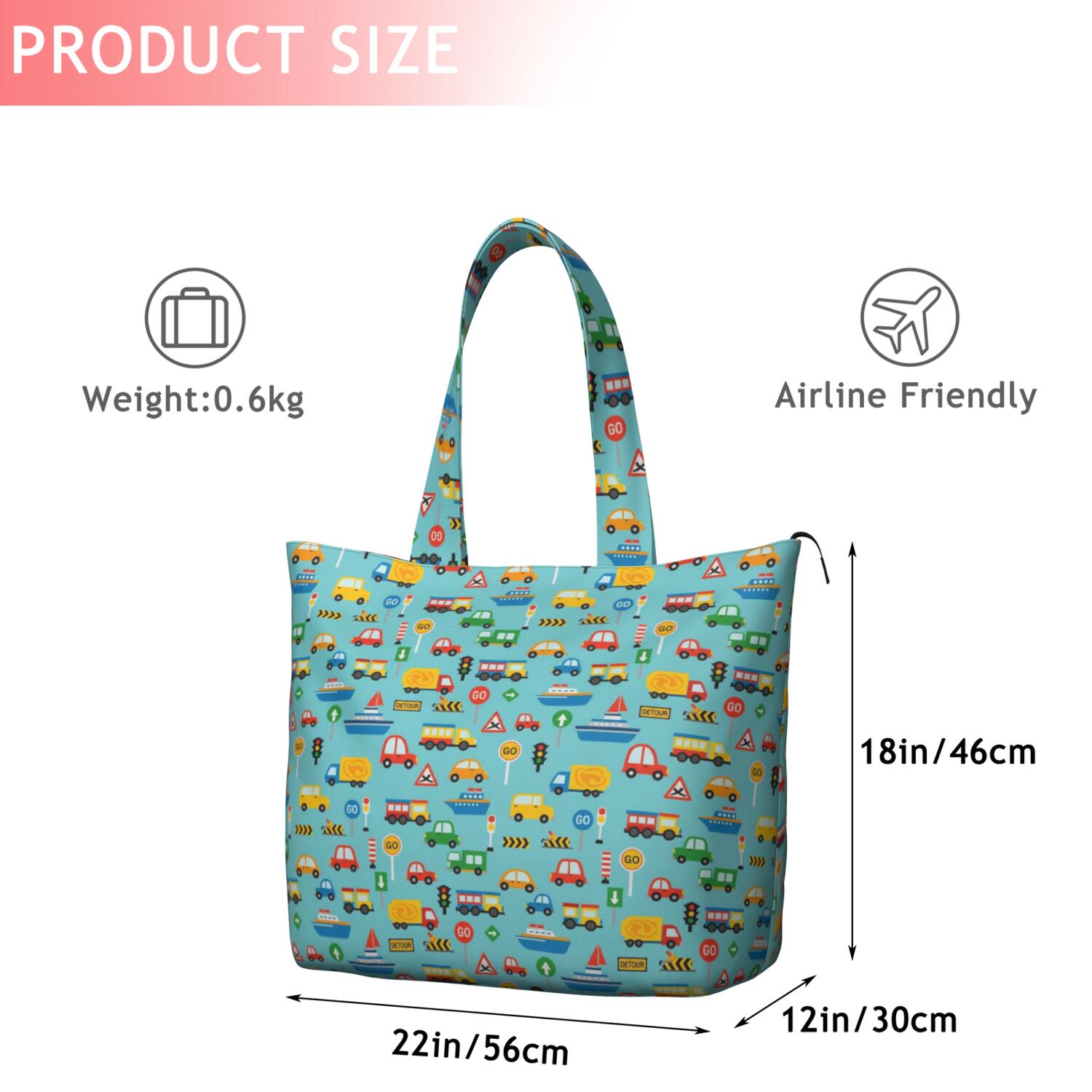 Cartoon Traffic Vehicles Boats Light Blue Pattern Travel Tote Bags for Women Carry On,Large Weekender Bags for Women Travel,Multi Functional Duffle Bag for Work,Shopping,Sports