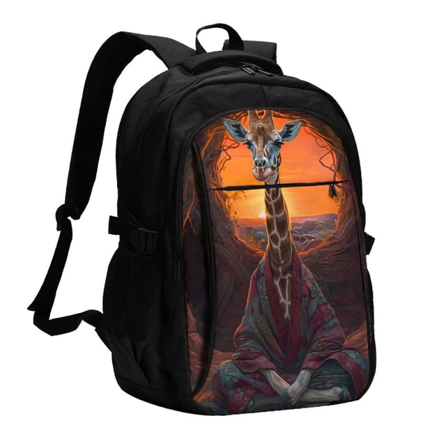Fotbe Tree Hollow Meditating Giraffe Mochila con Estampado y Puerto USB para Hombre y Mujer, Mochila Antirrobo, Mochila de Viaje, Mochila Escolar, Mochila Universitaria