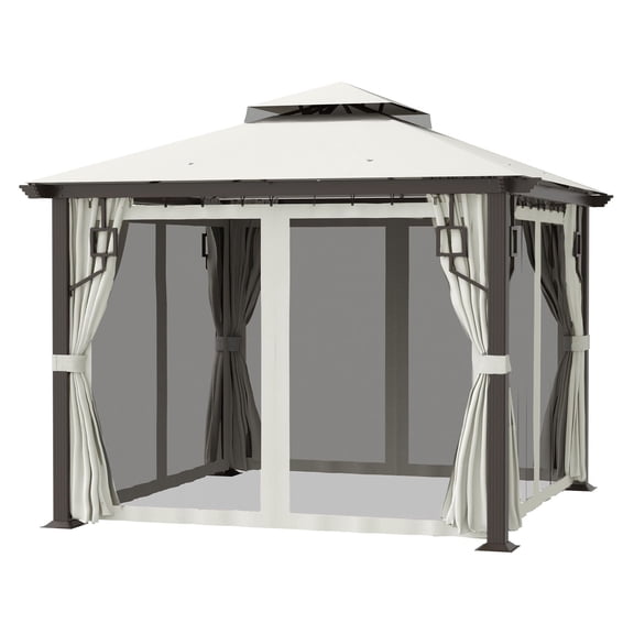 SAZYY 10x10 Patio Gazebo with Aluminum Frame & Double Tier Roof, Outdoor Canopy with Netting & Curtains, Cream White